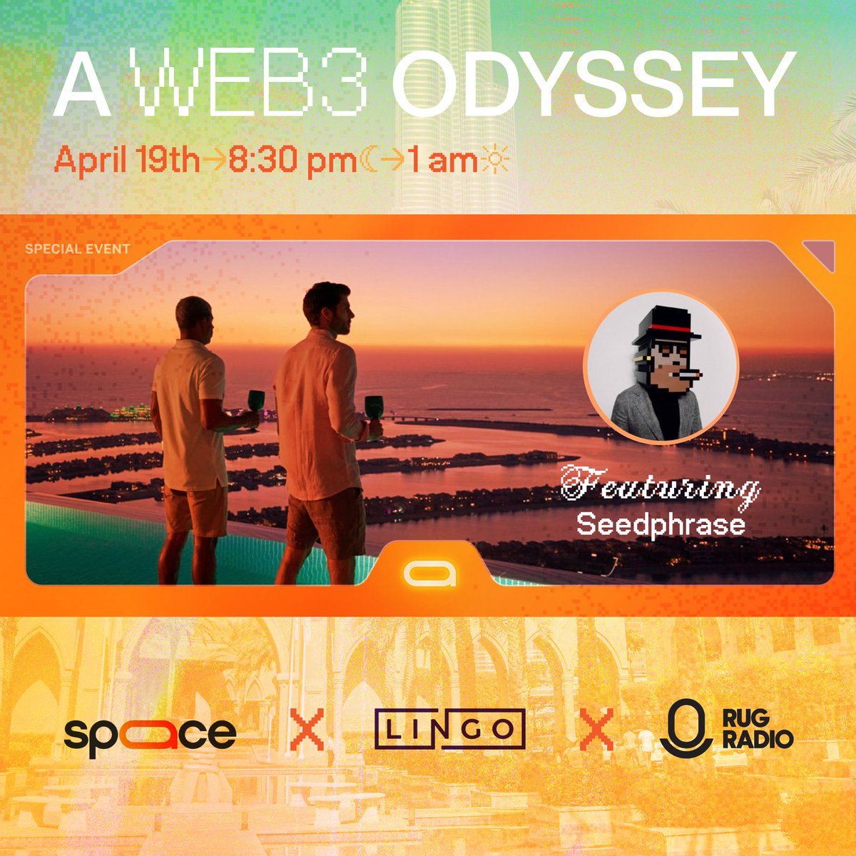 RugRadio's tweet photo. In Dubai tomorrow night? 🇦🇪

Join us for A Web3 Odyssey with @spaace_io, @Lingocoins and @seedphrase!

https://t.co/sHtBFv8mmI 🎟️ https://t.co/zJp6SKQGo0