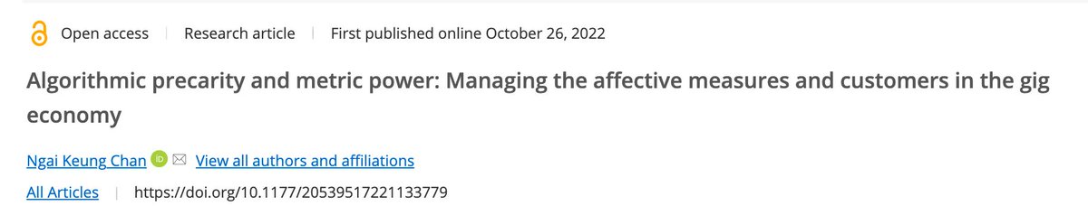 Based on interviews with gig workers in ride hailing, delivery and domestic services, @ngaikeungchan examines 'how workers anticipate the influences of metrics, live with metrics, and cope with algorithmic precarity' #gigeconomy #gigworkers #Algorithms journals.sagepub.com/doi/10.1177/20…