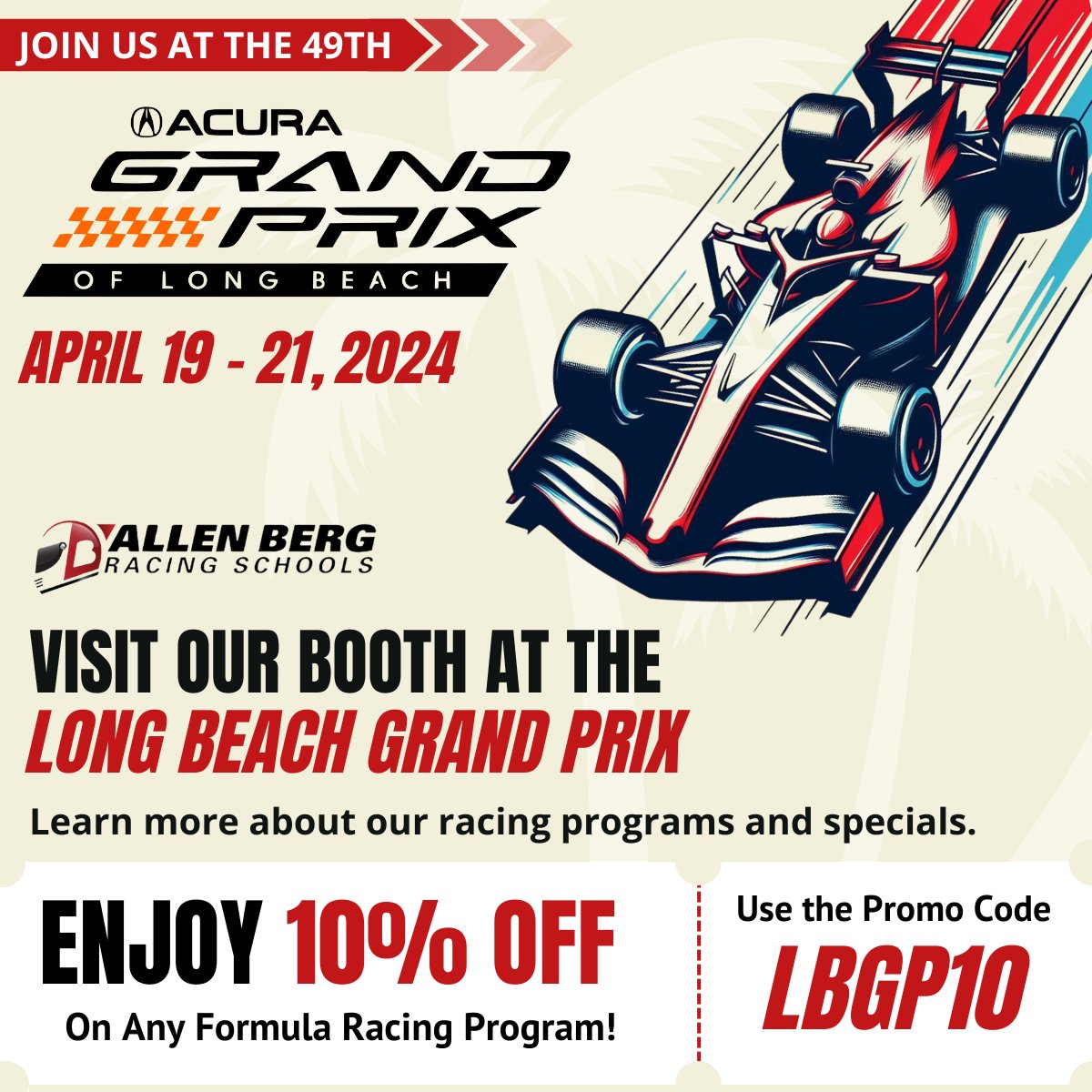 🏎️🔥 Only one more day until the Long Beach Grand Prix kicks off! Allen Berg Racing Schools will be there all weekend, offering an exclusive 10% discount on our formula racing programs. Remember to use promo code LBGP10 at our booth to unlock the discount. #LBGP #FormulaRacing