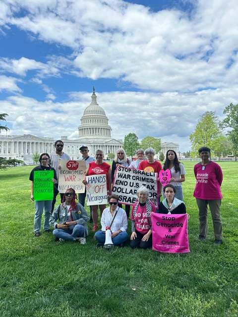 Protesters at the Capitol in Washington today, supporting both Palestine and Nicaragua. New sanctions against Nicaragua are currently passing through Congress, just after Nicaragua's court action against Germany for its role in the genocide in Gaza.