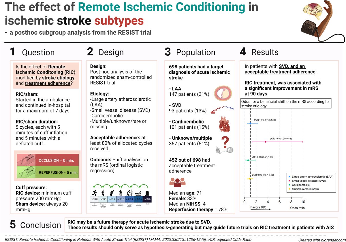 🧵ICYMI: #STROKE: In a post hoc analysis of the RESIST trial, patients with stroke of small vessel etiology exhibited a benefit with respect to remote ischemic conditioning over sham, under a per protocol framework. ahajournals.org/doi/10.1161/ST… @rablauenfeldt @clauszsimonsen