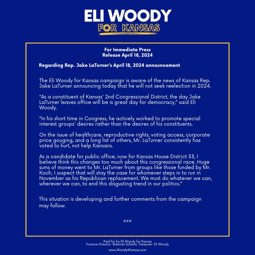 Regarding Jake LaTurner’s announcement today. If you would like to help end the #ksleg GOP supermajority in the statehouse by helping flip a VERY flippable seat, the link is in the bio!