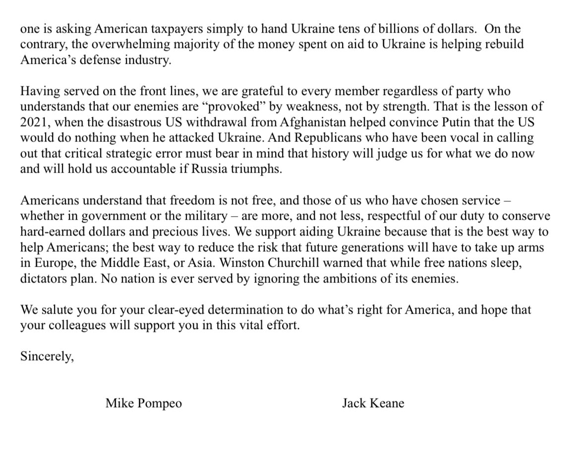 NEW: Trump’s Sec of State Pompeo and Gen. Jack Keane send letter of encouragement to Speaker Johnson. “We solute you for your clear-eyed determination to do what’s right for America,” they write.