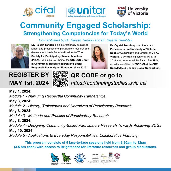 There's still time to register for 'Community Engaged Scholarship' led by @CrystalTremblay & @RTandon_PRIA, offered by Continuing Studies @uvic. Register here: continuingstudies.uvic.ca/science-and-th…