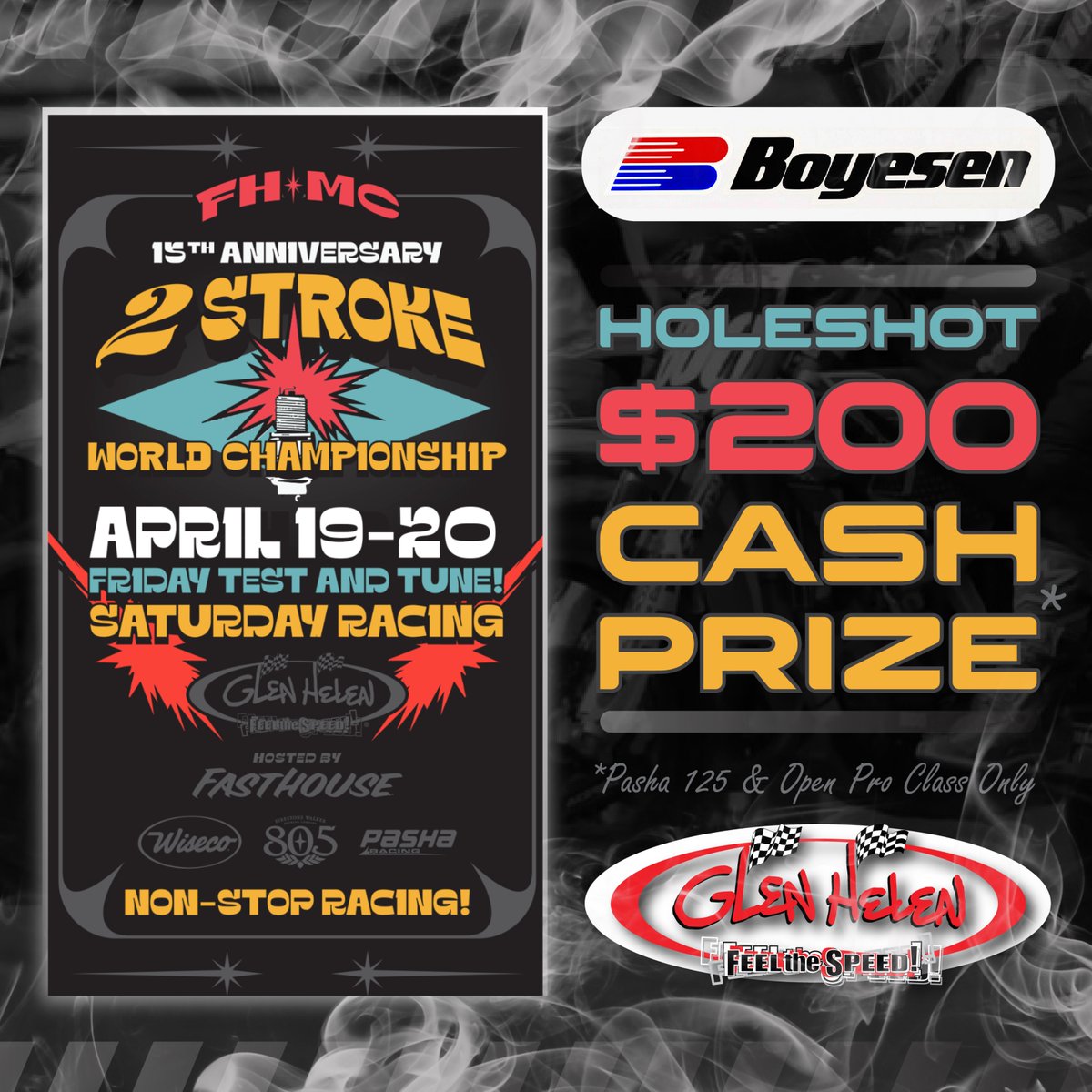 The smoke has arrived! 🔥 Moto friends, pre-mix your gas and head over to Glen Helen for the smokiest race of 2024. . Our friends over at @boyesenracing are coming on board to sponsor this years race with a $200 cash prize for the Pasha 125 & Open Pro races.