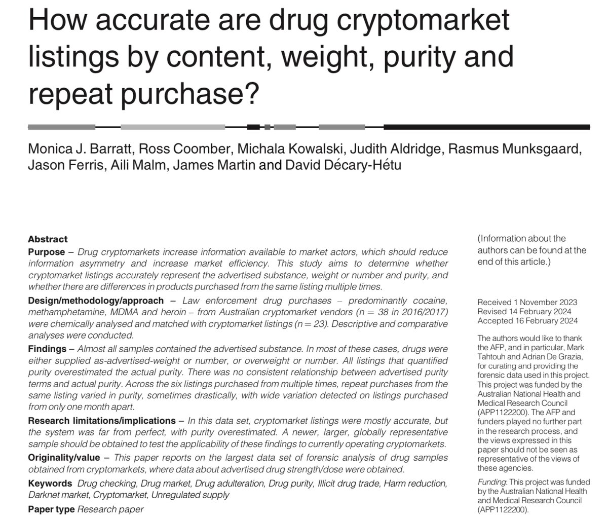 🔔#EarlyCite 'How accurate are drug cryptomarket listings by content, weight, purity and repeat purchase?' by @monicabarratt, @RossCoomber1, @MichalaKowalski & colleagues Access Updated Article Here: emerald.com/insight/conten…