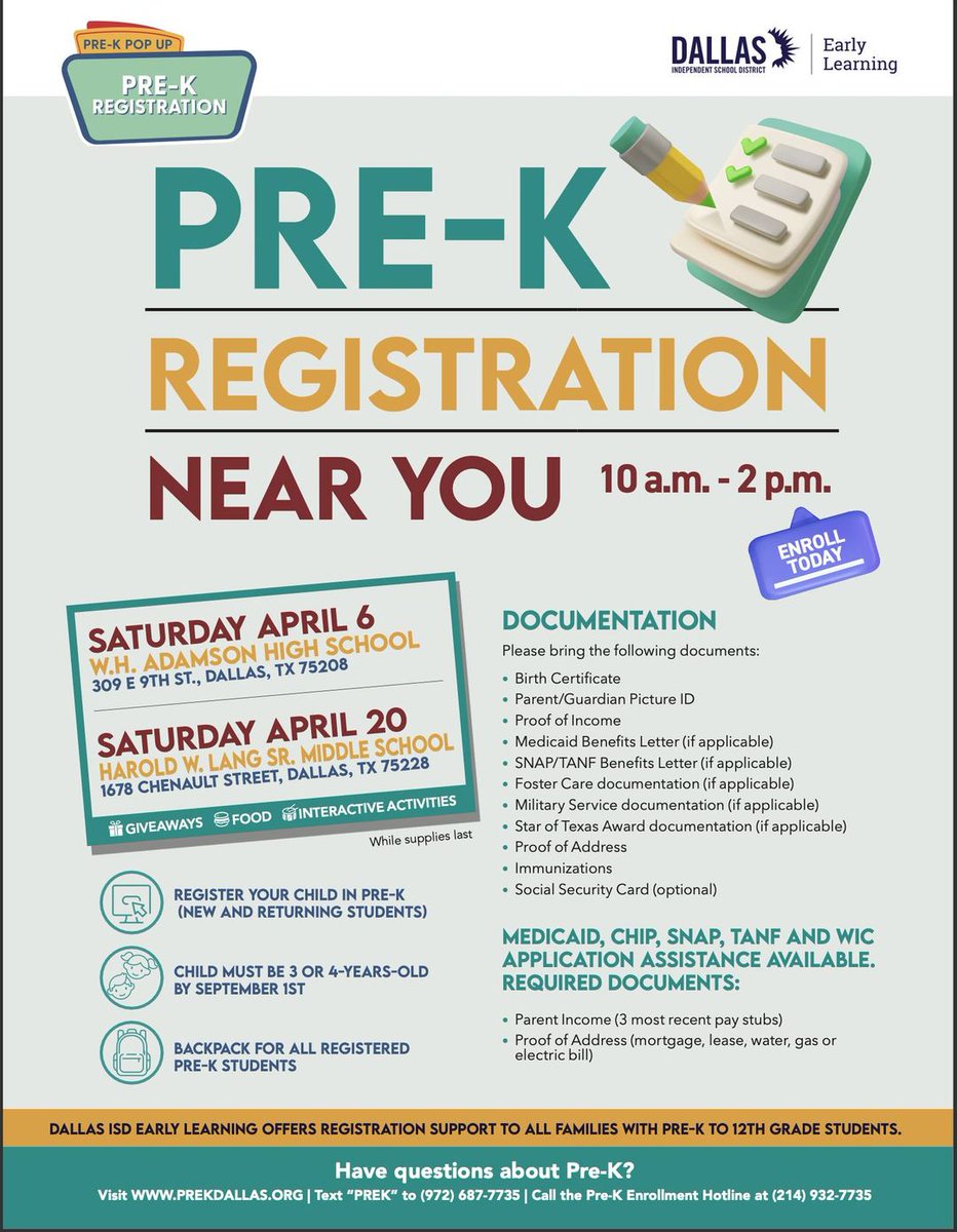 Join us this Saturday to register your students for Pre-K! 🏫✨ 🗓️ April 20 🕙 10 a.m. - 2 p.m. 📍Harold W. Lang Sr. Middle School - 1678 Chenault Street, Dallas, TX 75228
