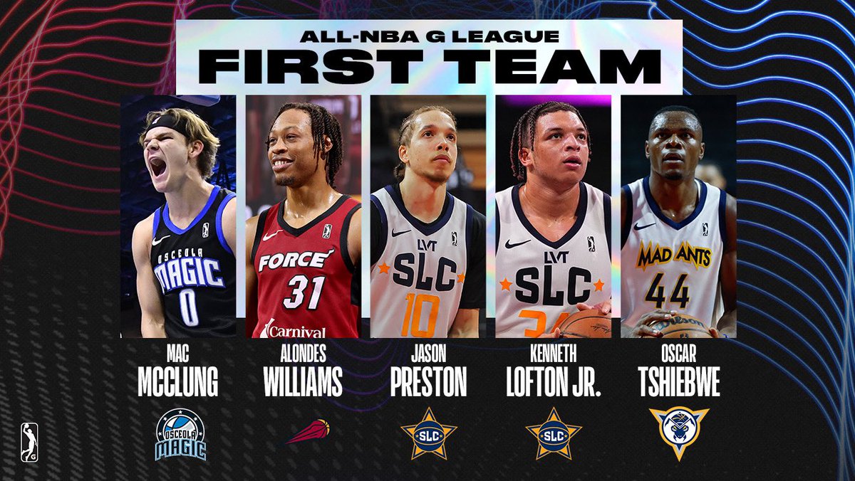 Your 2023-24 All-NBA G League First Team 🏆 Mac McClung, @OsceolaMagic 🏆 Alondes Williams, @SFSkyforce 🏆 Jason Preston, @slcstars 🏆 Kenneth Lofton Jr., @slcstars 🏆 Oscar Tshiebwe, @TheMadAnts