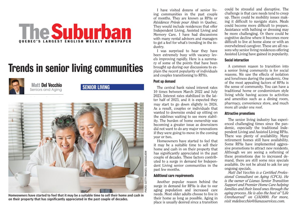The senior living industry has had a busy start to the year. Here is my latest article in The Suburban discussing 'Trends in Senior Living'. Hope you enjoy. #seniorsintransition #helpingmomsanddads #seniorcare