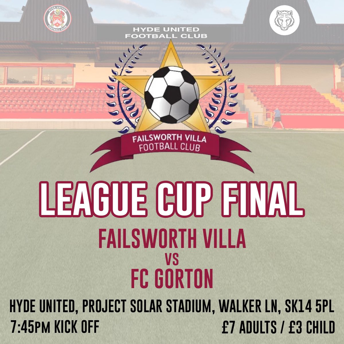 LEAGUE CUP FINAL 🏆

We are over at <a href="/hydeunited/">Hyde United FC 🐯</a> tomorrow night for our third successive league cup final. Come down and support the boys as they try and claim their first trophy of the season as they hunt down the treble.

🗓️ Friday 19th April
⏱️ 7:45pm Kick Off
🆚 FC Gorton