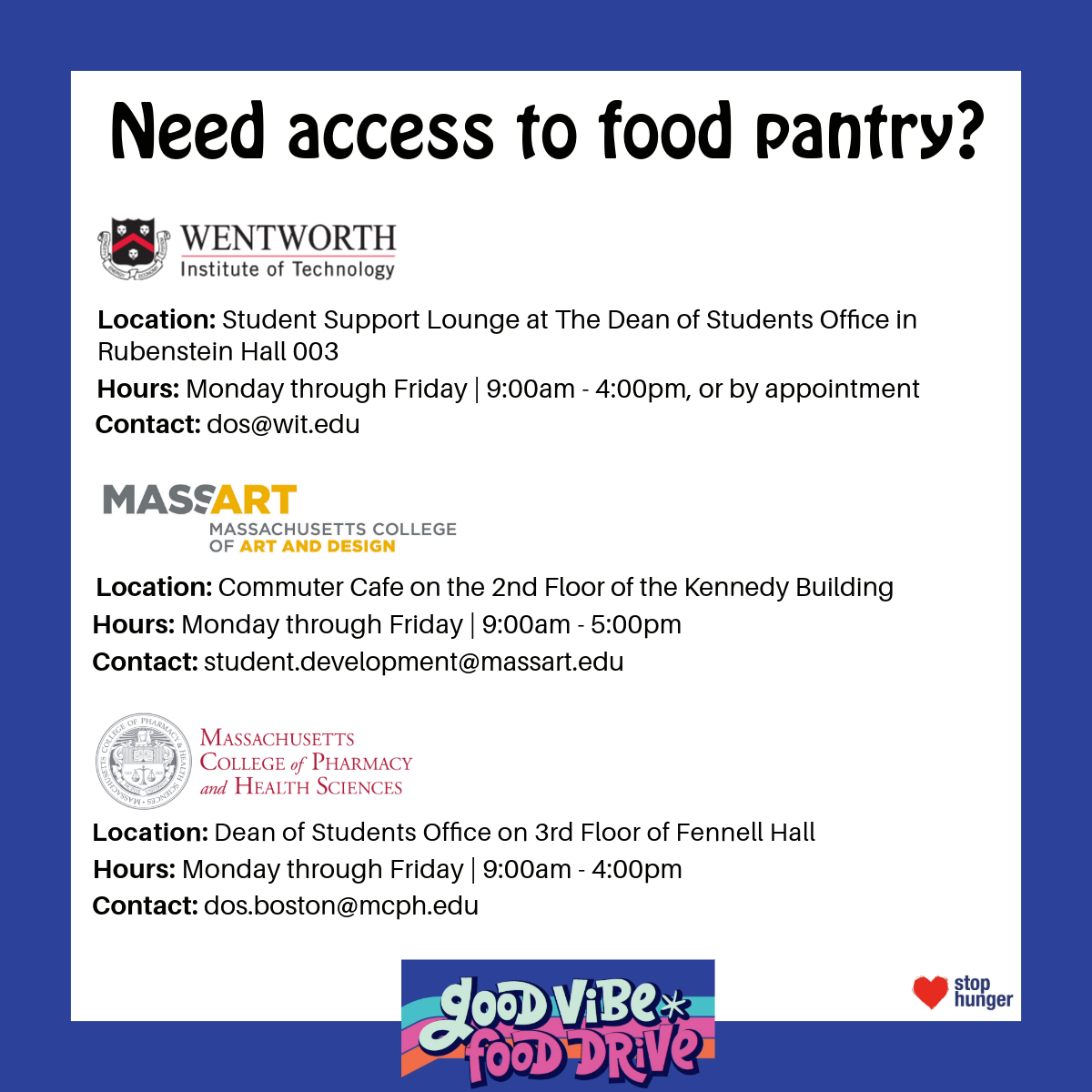 Our campus community's generosity during our Good Vibe Food Drive was nothing short of amazing.💕 If you or someone you know could use some support, check out the second photo on how to access our food pantries. 

#stophunger #servathon #fooddrive #foodpantry #COFdining #sodexo