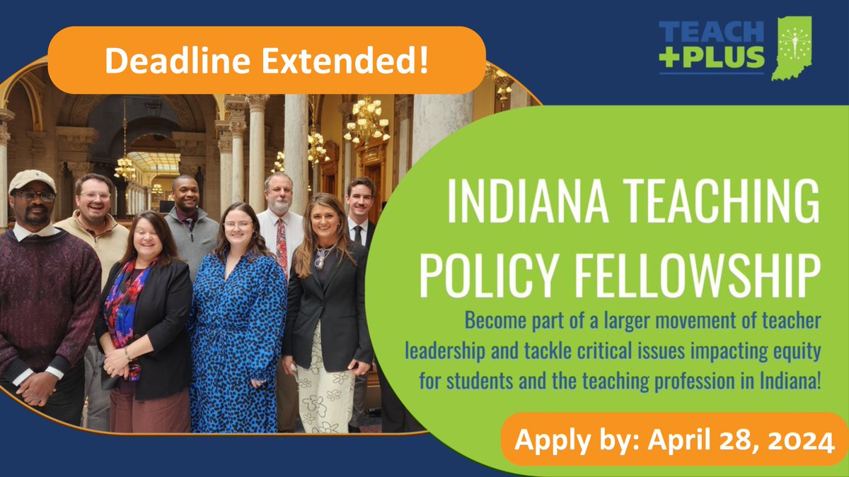 REMINDER! #IndianaTeachers, the application deadline for the Indiana Policy Fellowship is now April 28, 2024. Visit our website to learn more about this teacher leadership opportunity and apply today! teachplus.org/in