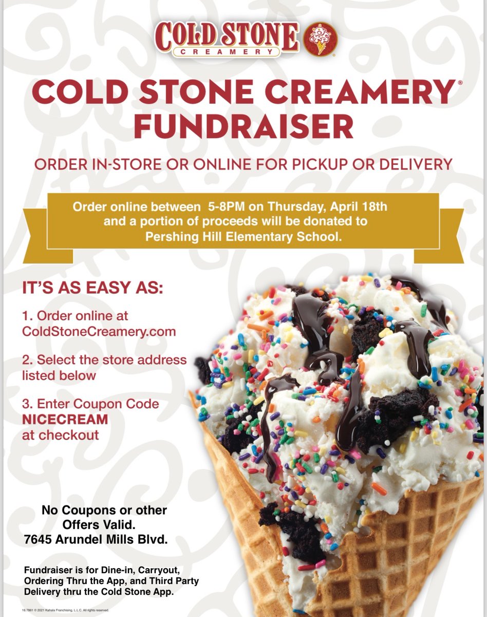 You scream, I scream, we all scream for ice cream! Come support Pershing Hill at our Cold Stone Creamery spirit night! #PHESPride #MeadeStrong