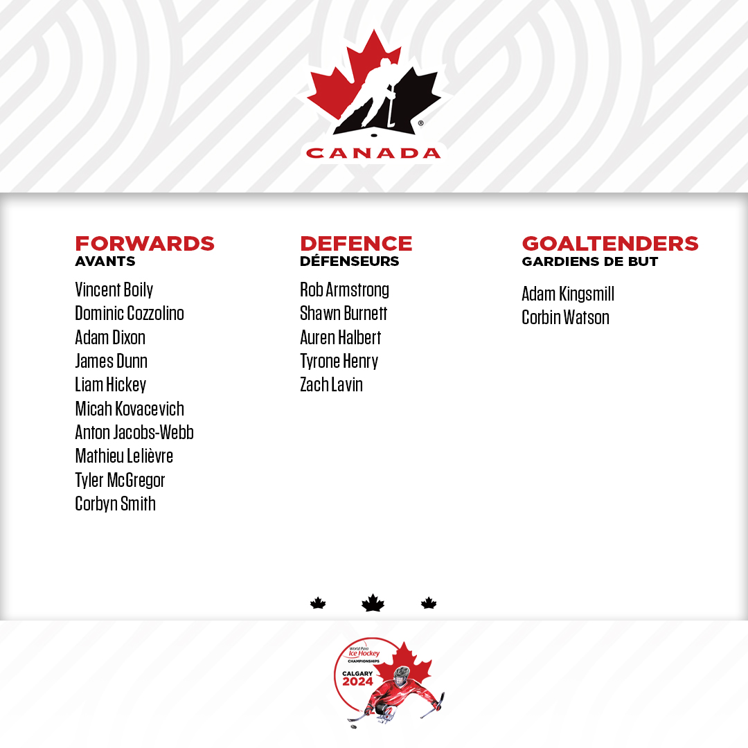Meet the 1⃣7⃣ players who will wear the 🍁 at the World Para Hockey Championship! Voici les 1⃣7⃣ joueurs qui arboreront la 🍁 au Championnat mondial de parahockey! Roster: hc.hockey/24WPHCRoster Formation : hc.hockey/FormationCMPH24 #Calgary2024