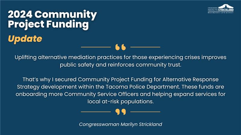 Alternative mediation practices improve public safety and reinforce community trust. This 2024 Community Project for @TacomaPD is a step towards improving safety in @CityofTacoma and #WA10. #DeliveringfortheSouthSound Read more here: strickland.house.gov/media/press-re…