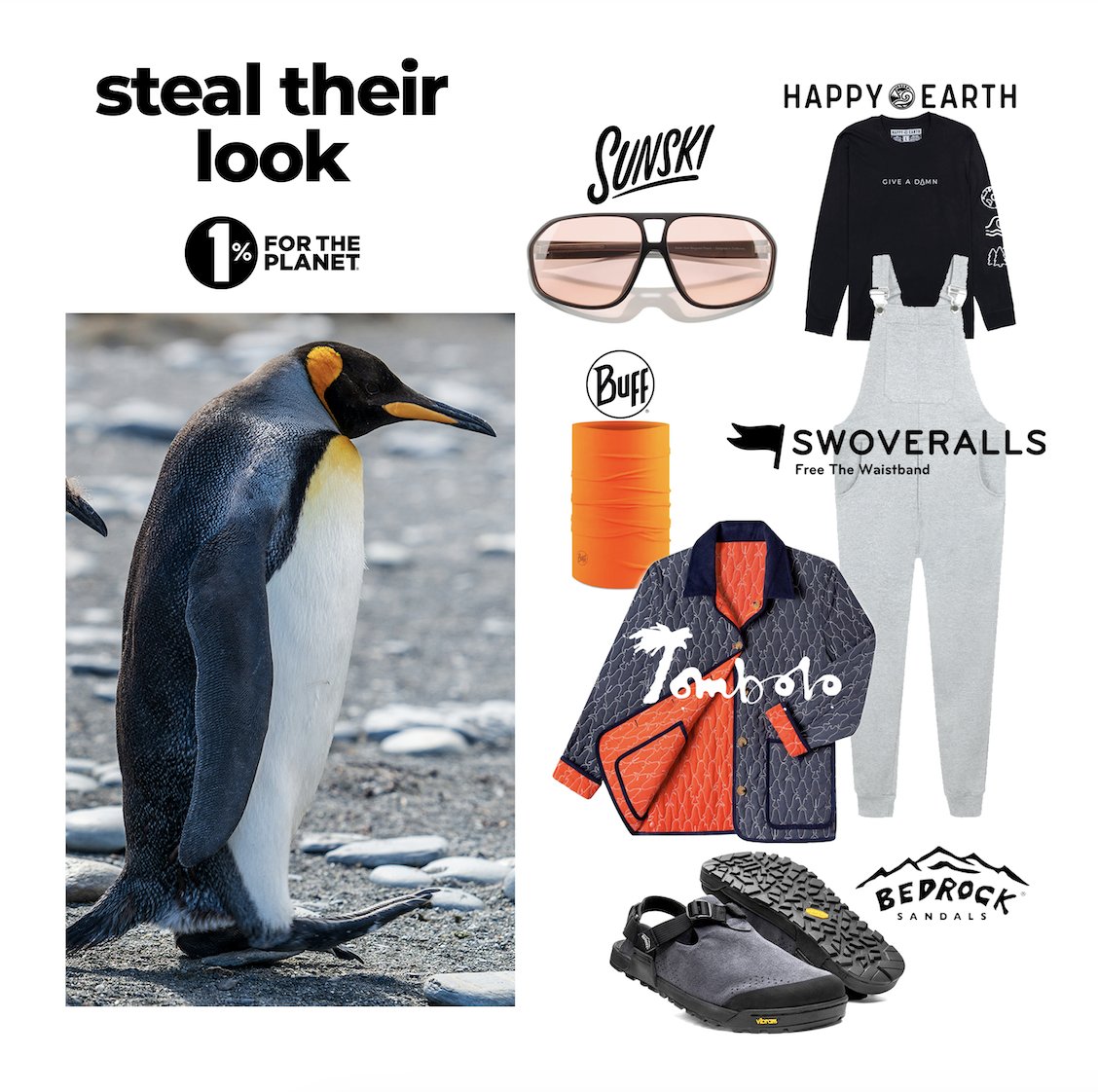 A vibe fit for an emperor 🐧 Proof that it's possible to look good while doing good, ft. @swoveralls, @BedrockSandals, Tombolo, Sunski, Happy Earth and Buff #lookoftheday #onepercentfortheplanet #membership #certification #climateaction