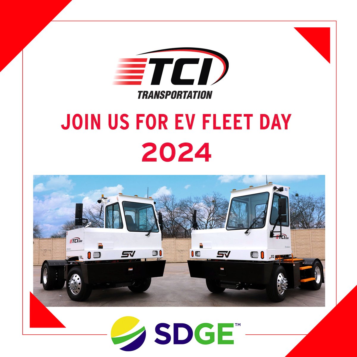 Join TCI Transportation at the SDGE EV Fleet Day in San Diego, at the SDG&E Innovation Center, this Friday, April 19, 2024, from 9:00 AM to 2:00 PM! 🌍✨

For more information and event details, visit: SDGE EV Fleet Day —> evfleetday.com 

#TCITransportation #EVFleetDay
