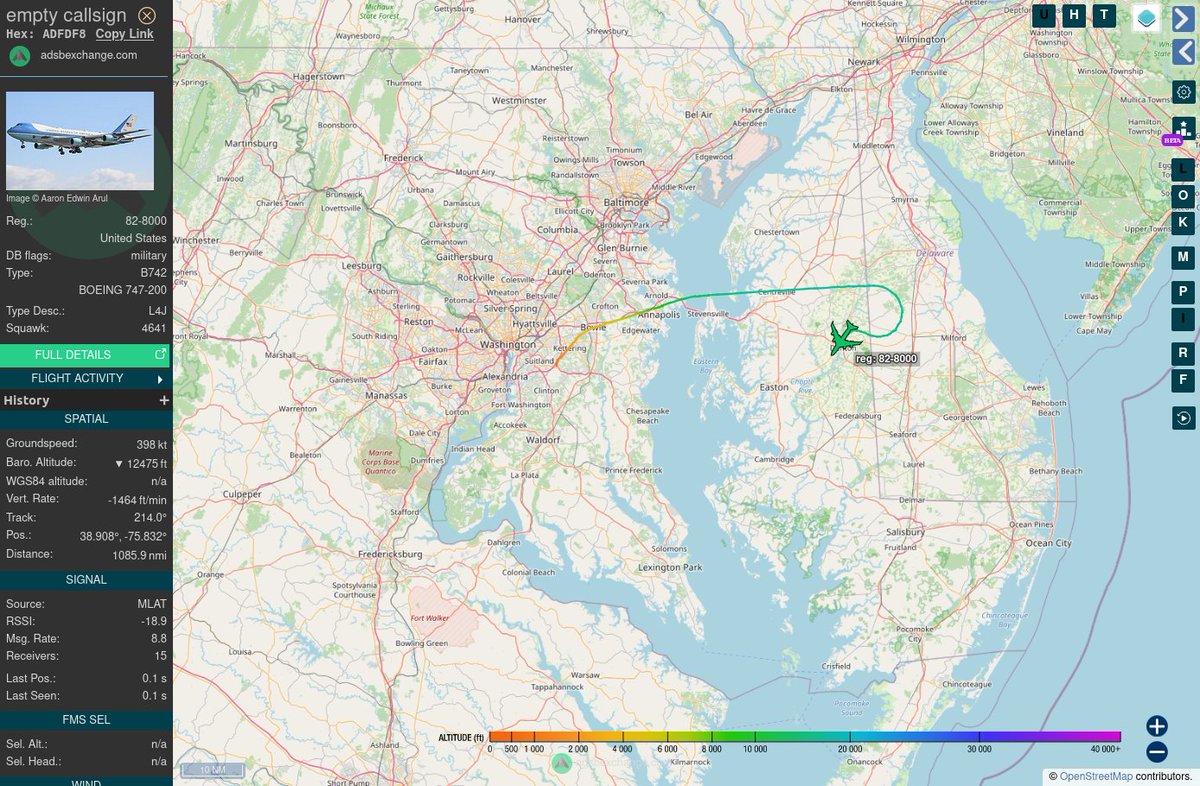 US Air Force VC-25A #ADFDF8 likely as VENUS01 is up for another shakedown flight from JB Andrews. This aircraft returned to Andrews a few months ago from programmed depot maintenance and has yet to re-enter service with the Presidential fleet.