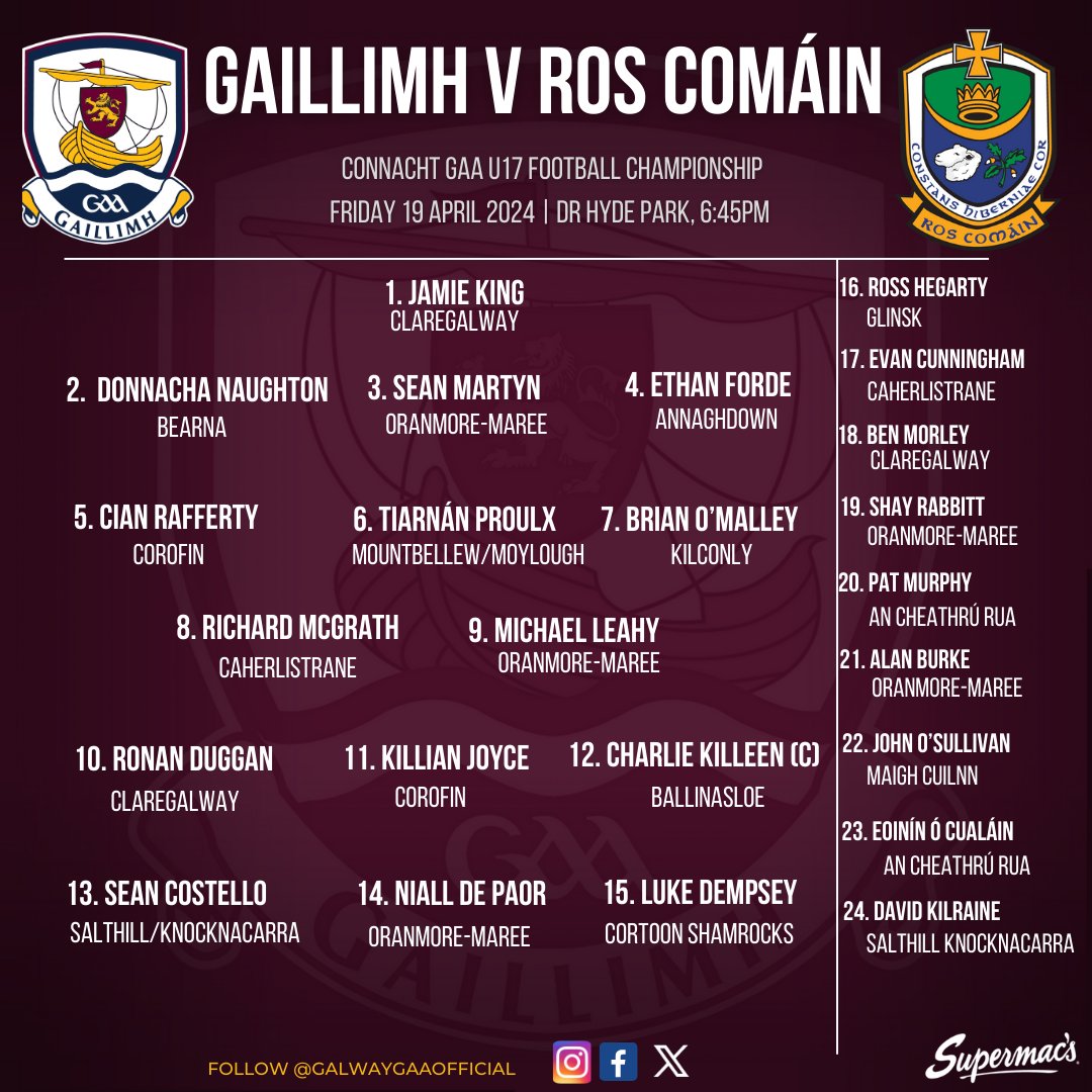 🚨TEAM NEWS 🚨 Connacht Minor Football Championship Round 2 Galway v Roscommon 📍Dr Hyde Park 📆Friday 19 April 2024 🕑6.45PM 🎟️Match Tickets universe.com/events/electri… 📺Live Streaming on page.inplayer.com/connachtgaa/it… Best of Luck to all involved! #riseofthetribes #gaillimhabú