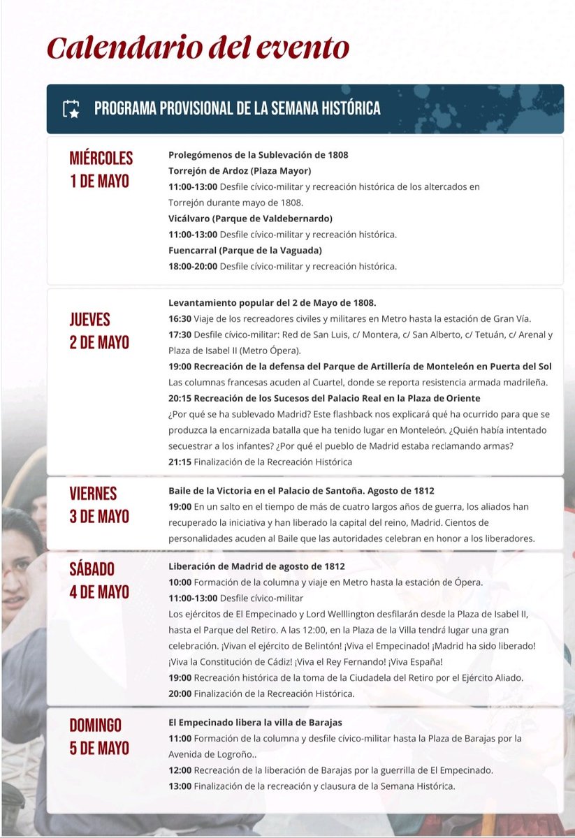 🔴🔴Lo prometido es deuda!!!! Aquí tenéis la programación oficial de todas las actividades que realizaremos a lo largo de la semana histórica🔴🔴
#2deMayo #2deMayo2024 #recreacionhistorica #reconstitutionhistorique #historicalreenactment #voluntariosdemadrid #history