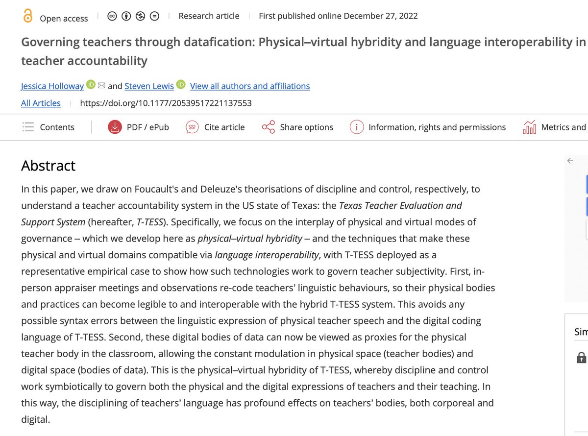 Jessica Holloway (@JessLHolloway) and Steven Lewis paper examines the Texas Teacher Evaluation and Support System (T-TESS) as a representative empirical case. Read about their work here: buff.ly/3DbSEDb #TTESS #datafication #discipline