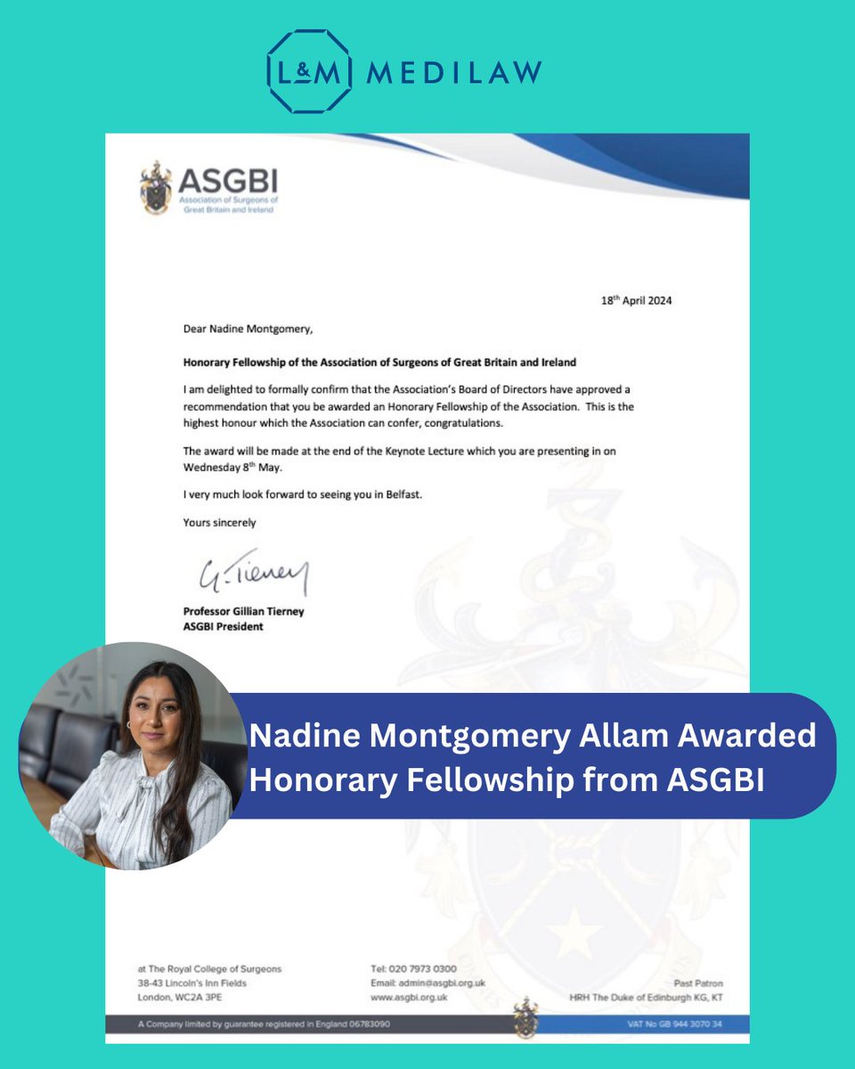 We are delighted to announce that our trainee solicitor @NadineMontgmery will be awarded an Honorary Fellowship of the @asgbi This is the highest honour the Association can confer and we are so incredibly proud to have Nadine as part of our team. Congratulations Nadine!