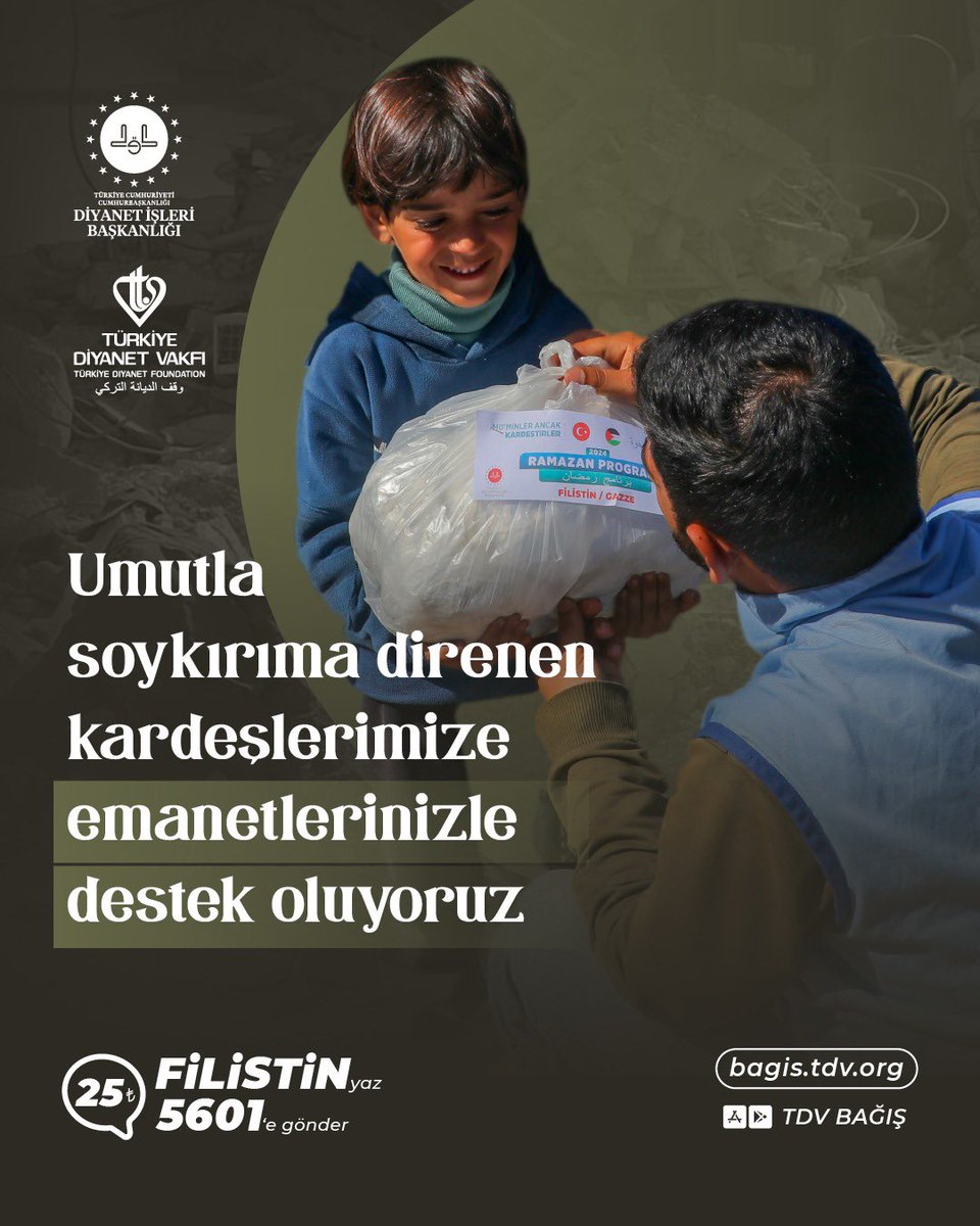 Umutla soykırıma direnen kardeşlerimize emanetlerinizle destek oluyoruz #ÖzgürFilistininYanındayız FİLİSTİN yazıp 5601’e SMS göndererek 25 TL destekte bulunabilir ya da bagis.tdv.org adresinden online bağış yapabilirsiniz.