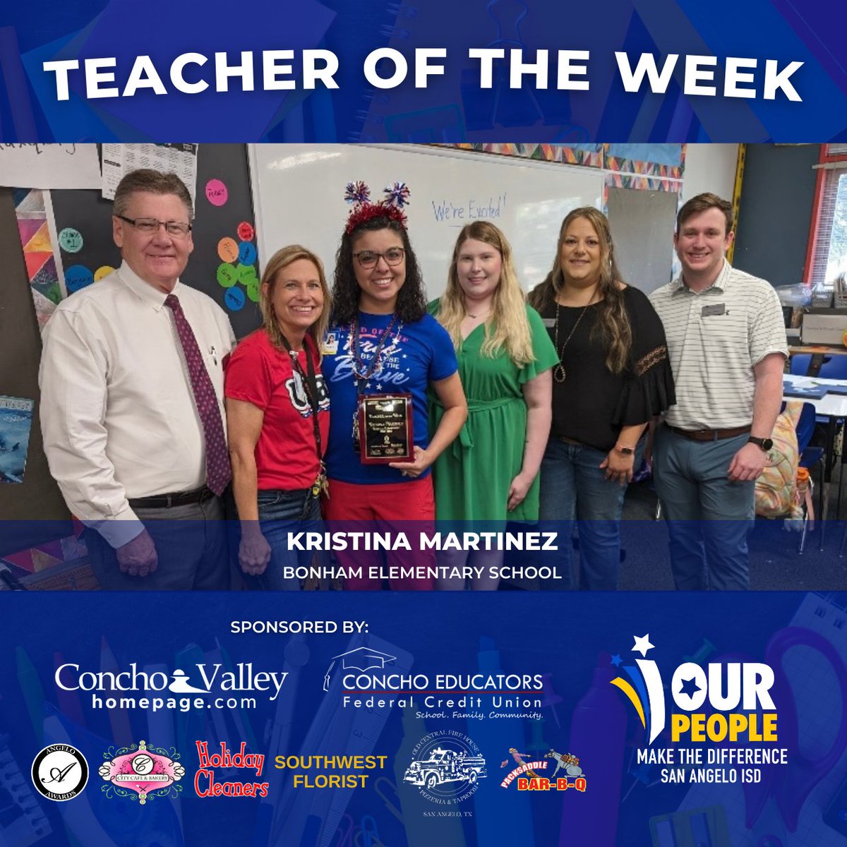 Congratulations to #DifferenceMaker Kristina Martinez of Bonham Elementary School on being named the Teacher of the Week by Concho Valley Homepage and Concho Educators Federal Credit Union! #OurPeopleMakeTheDifference