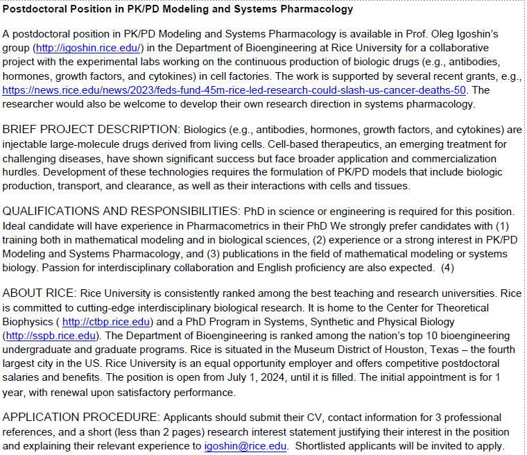 A postdoctoral position is for a motivated candidate interested in computational PK/PD modeling for interdisciplinary and translational research. Please RT!