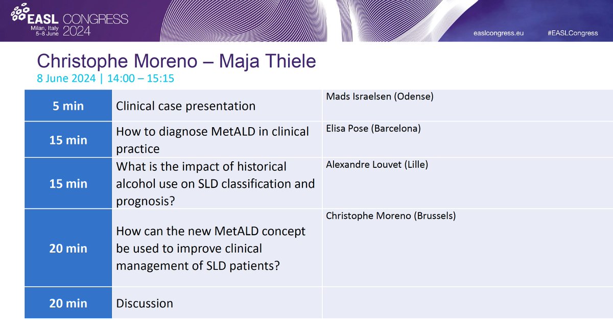 Maja Thiele (@majathiele) on Twitter photo 🔥MetALD🔥
Save the hottest topic for last at <a href="/EASLnews/">EASLnews</a> #EASLcongress:
"Bridging the gap between metabolic and alcohol-related liver disease"
With excellent speakers <a href="/MorenoChristop8/">Moreno Christophe</a> <a href="/IsraelsenMads/">Mads Israelsen</a> Alexandre Louvet Elisa Pose
🗓️June 8th
🕑2:00-3:15 PM 🔥MetALD🔥
Save the hottest topic for last at <a href="/EASLnews/">EASLnews</a> #EASLcongress:
"Bridging the gap between metabolic and alcohol-related liver disease"
With excellent speakers <a href="/MorenoChristop8/">Moreno Christophe</a> <a href="/IsraelsenMads/">Mads Israelsen</a> Alexandre Louvet Elisa Pose
🗓️June 8th
🕑2:00-3:15 PM