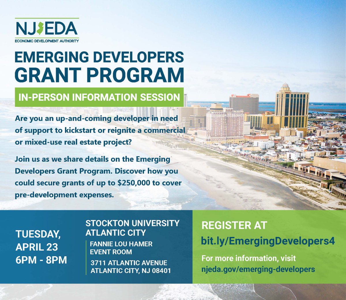 The NJEDA will host an in-person information session at Stockton University’s Atlantic City Campus on April 23rd to educate rising real estate developers about the NJEDA’s new $20 million Emerging Developers Grant Program! Register here: bit.ly/EmergingDevelo…