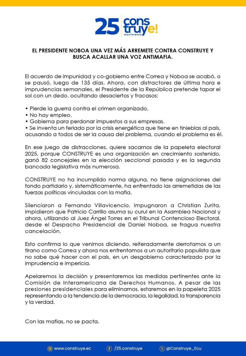 Construye_Ecu's tweet image. El presidente Noboa una vez más arremete contra Construye y busca acallar una voz antimafia.

Con las mafias, no se pacta.