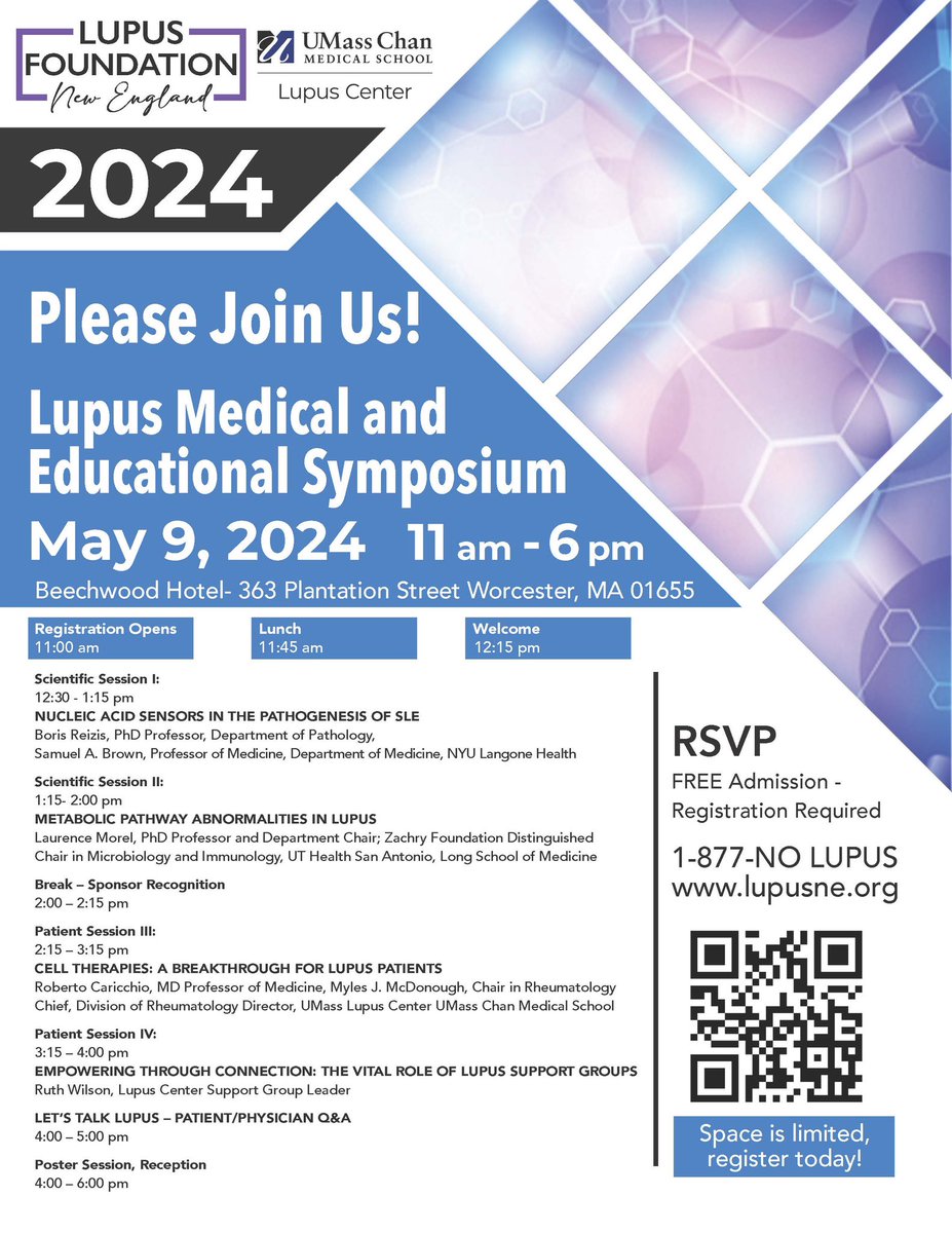 Three Weeks from today! Join us for the 2024 Lupus Medical & Educational Symposium held in Worcester, MA during #lupusawarenessmonth 💜 👩🏻‍💻 🦋