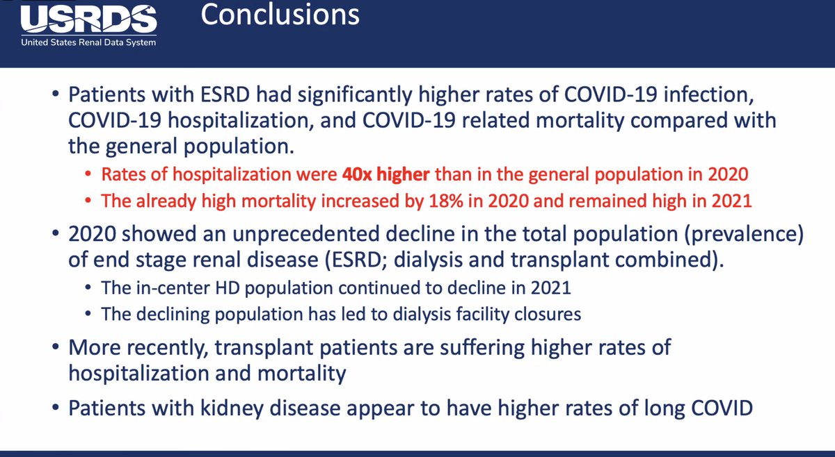 7/ HD facility closures, esp in rural areas, 2/2 ⬇️ HD pt population & ⬇️RN staffing. ⬆️rates of #LongCOVID in pts w/ CKD & txpl. Could this be b/c some ESRD pts got less remdesivir in early days 2/2 fears of drug toxicity? Need more research. Devastating impact of COVID overall.