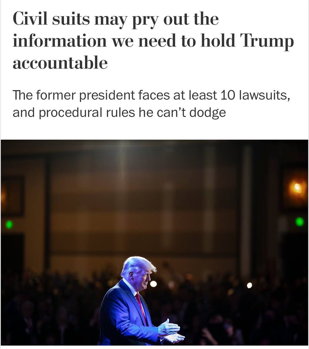 This reminds me that after discussions about the idea with many colleagues, I wrote this piece for @wapo suggesting the civil cases against Trump might prove as formidable as criminal ones for bringing accountability, way back in 2021. washingtonpost.com/outlook/civil-…