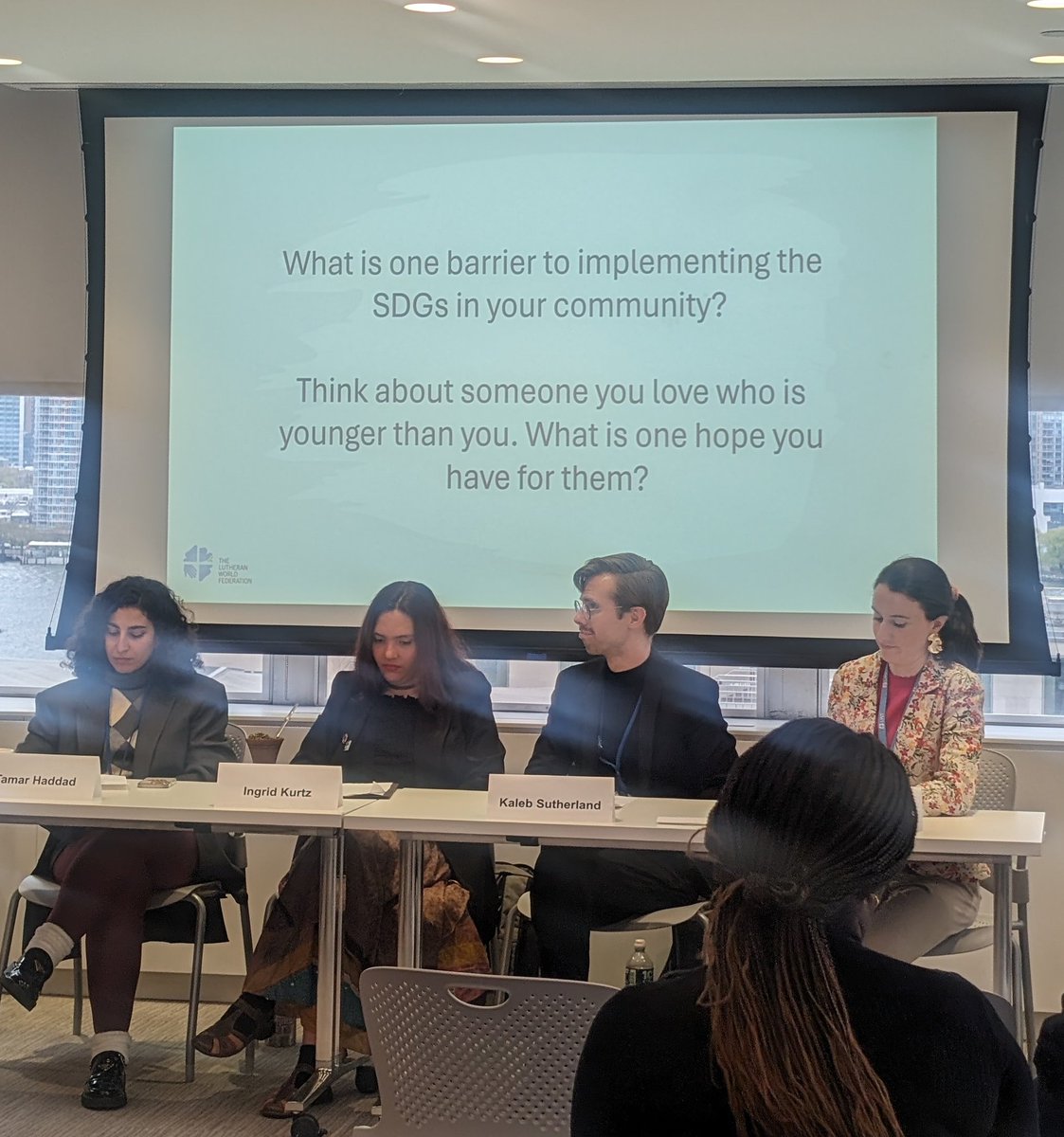 Happening now - Lutheran Youth delegation to #ECOSOC Youth forum event. 

'What is one barrier to implementing the SDGs in your community? ' - Savanna Sullivan, LWF Program Executive For Youth 

@lutheranworld
@LWFAdvocacy @LWFyouth @ELCAadvocacy