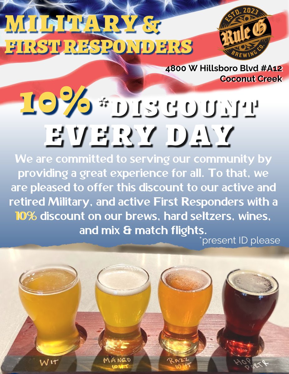 Rule G Brewing Company (@rulegbrewingco) on Twitter photo We appreciate ALL of our customers and thank you for your continued support. As family members of those who served, who do serve and those who serve our communities closer to home, we are proud to offer this. <a href="/FLBeerNews/">Florida Beer News</a> <a href="/CoconutCreek_FL/">Coconut Creek, FL</a> #BrowardCounty We appreciate ALL of our customers and thank you for your continued support. As family members of those who served, who do serve and those who serve our communities closer to home, we are proud to offer this. <a href="/FLBeerNews/">Florida Beer News</a> <a href="/CoconutCreek_FL/">Coconut Creek, FL</a> #BrowardCounty