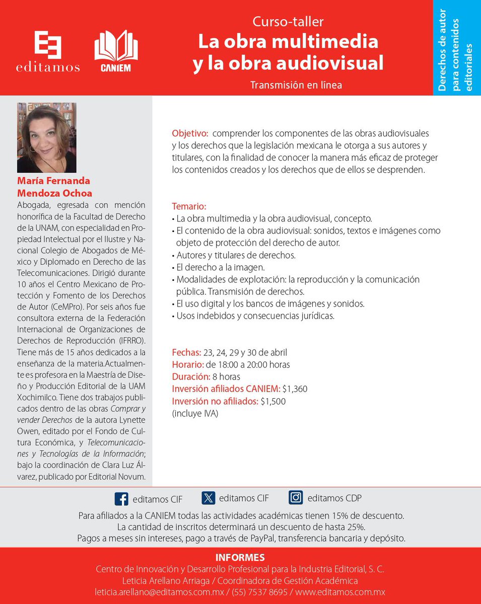 ¡Explora el fascinante mundo de la obra multimedia y la audiovisual en nuestro curso-taller!🌟
¡Inscríbete ahora y da vida a tus ideas de manera profesional y creativa! ✨"
Contactarnos a:
📧 leticia.arellano@editamos.com.mx
📞 5575378695
🌐 editamos.com.mx