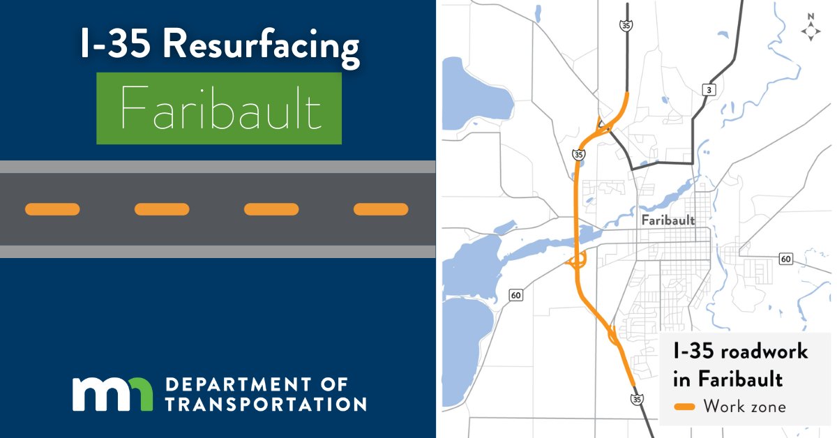 Construction has started on I-35 near Faribault. Be alert for traffic slowdowns and backups, especially Friday-Sunday. More info: content.govdelivery.com/.../MNDOT/bull…. Check out the project website and sign up for project updates: mndot.gov/d6/projects/i3…