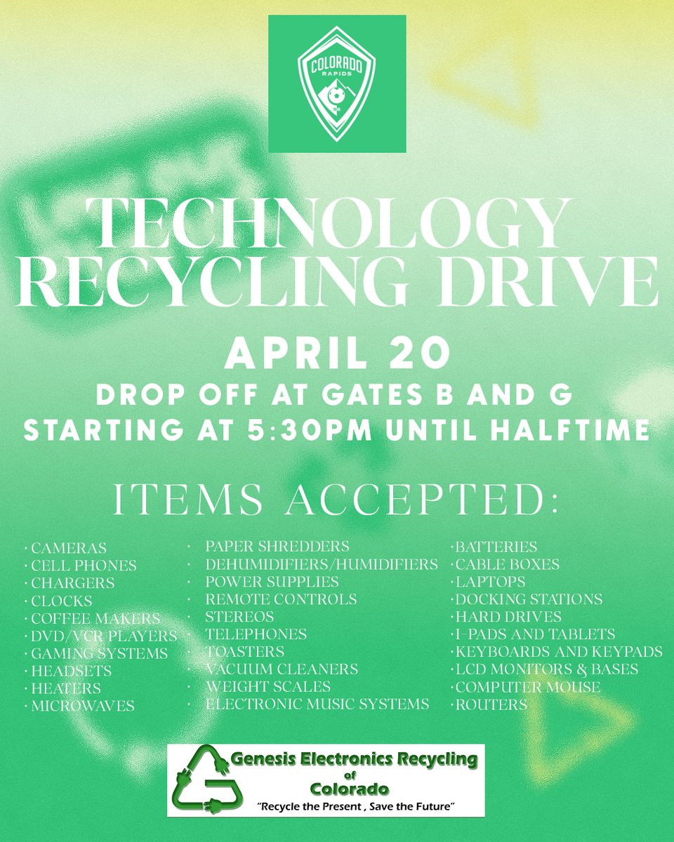 This Saturday, we're hosting a Technology Recycling Drive and encouraging fans to take action against e-waste 💻♻️ See below for a list of electronics we're accepting and where you can drop them off 👇 #Rapids96