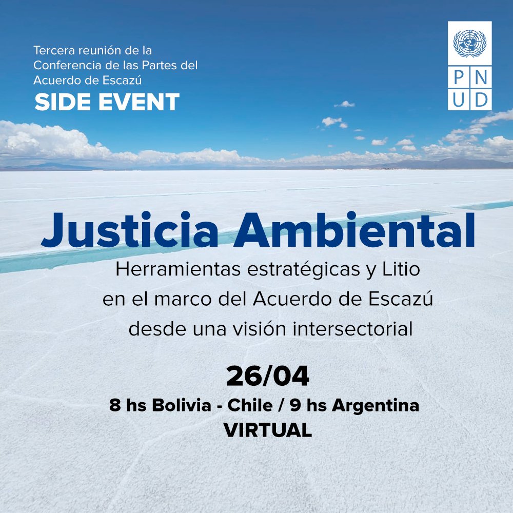 ¡No te lo pierdas!

Side Event sobre litio en el marco de la Conferencia de las Partes del Acuerdo de Escazú (COP3)

"Justicia Ambiental: Herramientas estratégicas y Litio en el marco del Acuerdo de Escazú desde una visión intersectorial"

Inscribite 👇
undp.org/es/argentina/e…