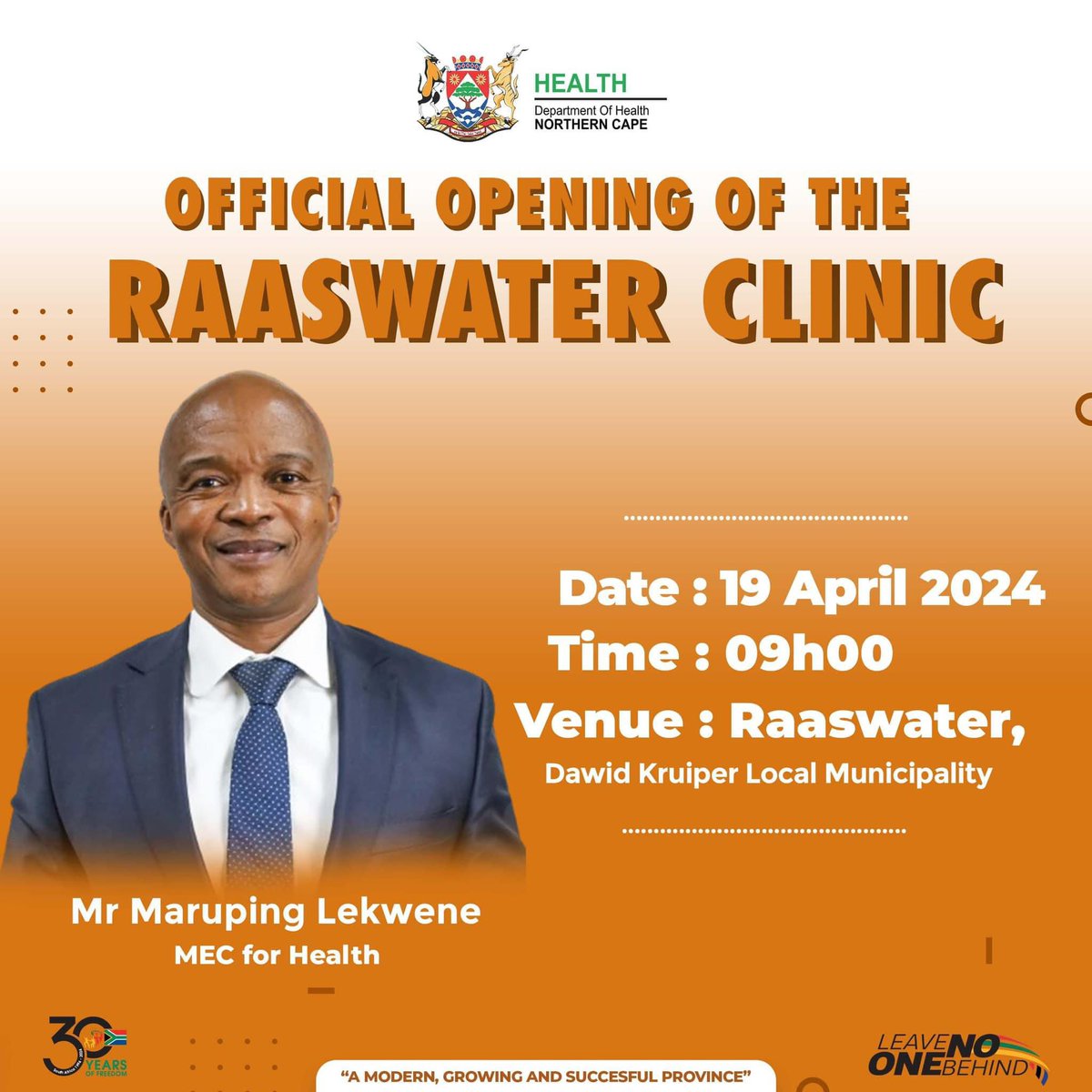 📍[HAPPENING TOMORROW ] - MEC LEKWENE TO OFFICIATE THE OPENING CEREMONY OF RAASWATER CLINIC IN THE DAWID KRUIPER LOCAL MUNICIPALITY. 

#NCDOH2024