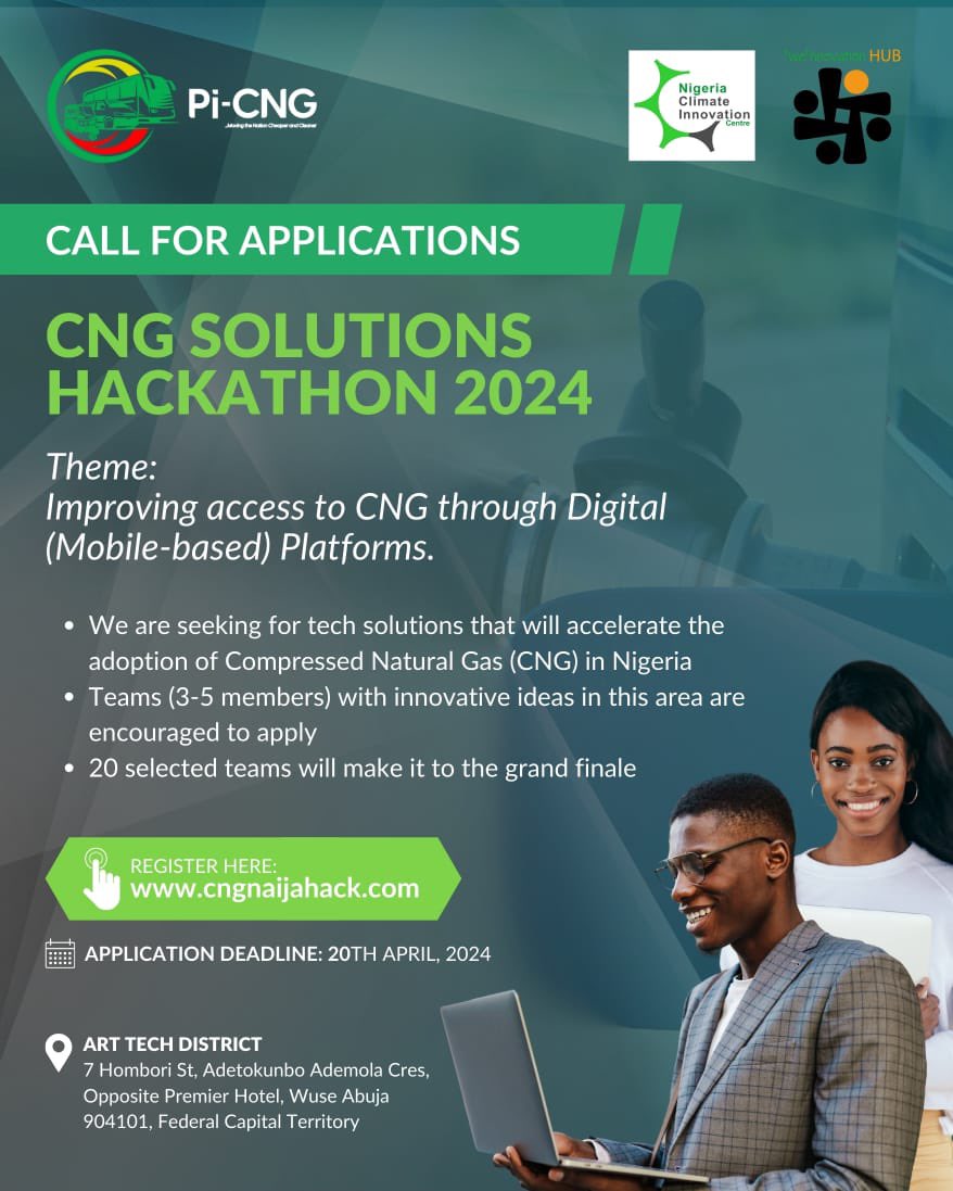 CALL FOR APPLICATIONS ‼️‼️‼️

Do you have a digital mobile-based solution to accelerate the adoption of Compressed Natural Gas (CNG)? Then the CNG Solutions Hackathon 2024 is for you!