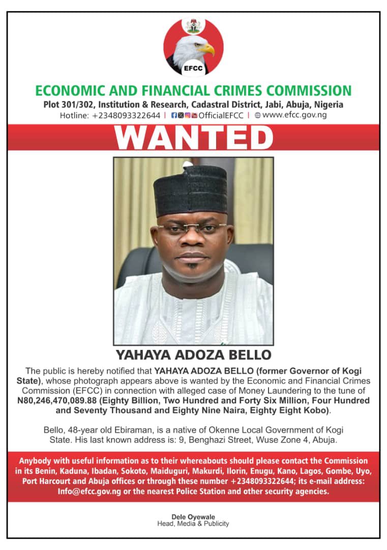 WANTED BY EFCC: YAHAYA ADOZA BELLO (FORMER GOVERNOR OF KOGI STATE) 

#TowardsABetterNigeria
#SayNoToCorruption