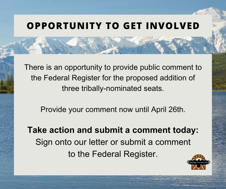 POWOL Warriors! You have until April 26th to support the addition of three tribally nominated seats to the Federal Subsistence Board. 

Submit a comment supporting the proposed rule here: buff.ly/3vXGKw3

Sign on to NPA's letter here: buff.ly/3JqNLsE