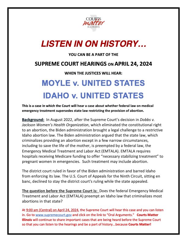 Listen in on history: Moyle v. United States and Idaho v. United States. Tune into #SCOTUS hearing on Wednesday, April 24th, 2024 at 9:00 AM CST at supremecourt.gov. #CourtsMatter