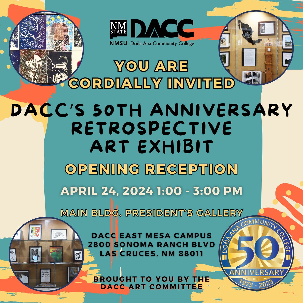 DACC’s 50th Anniversary Retrospective Art Exhibit. Come join us!  Wed, April 24, from 1-3pm,  East Mesa campus DAEM.  Come and explore DACC history through old photographs, objects, and articles from the past in the President’s Gallery.  Food and drink will be served. #WeAreDACC