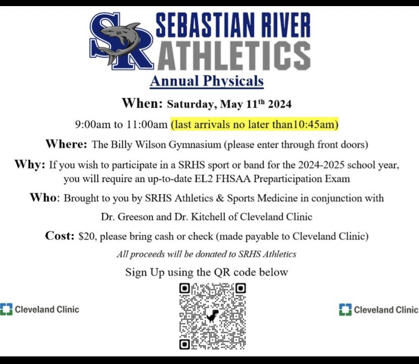 Sign up for physicals!!! May 11th in the Billy Wilson Gymnasium 9 am until 11 am. $20.00. Information on flyer. @SRHS_SHARKS @SRHS_Sport @SRHS_Football1 @SRHS_girlsLAX @SRHS_GWL @SRHSBowling @SRHS_MensSoccer @srhsswimsharks @SRHSXCOUNTRY @SRHSCheer1 @SRMSCowboys @shark_hoops