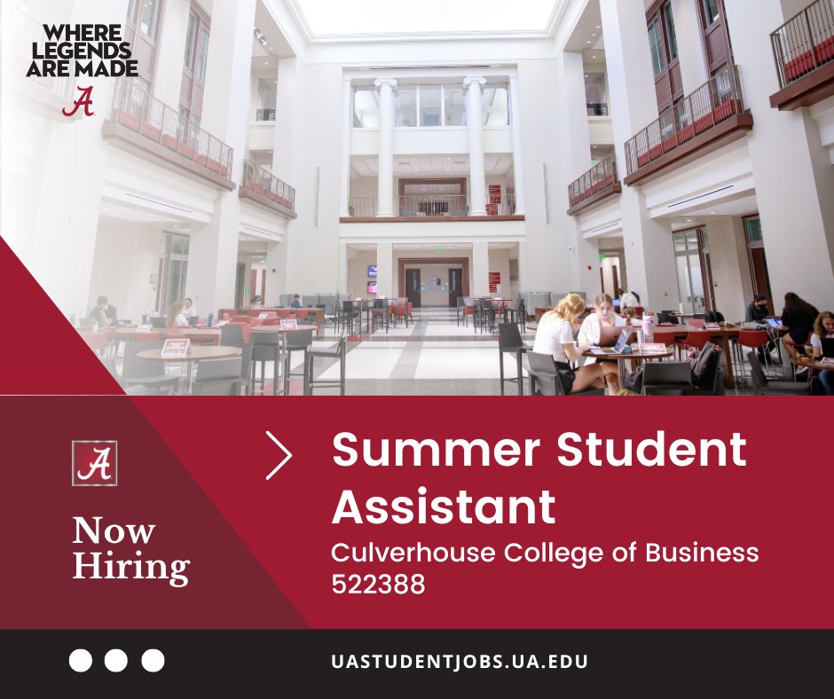 👔Culverhouse College of Business is searching for a Summer Student Assistant! This position offers a flexible schedule and $11.00/hour. Apply today at uastudentjobs.ua.edu!

#UAStudentJobs #WhereLegendsAreMade #theuniversityofalabama #studentemployment #JoinOurTeam #applynow