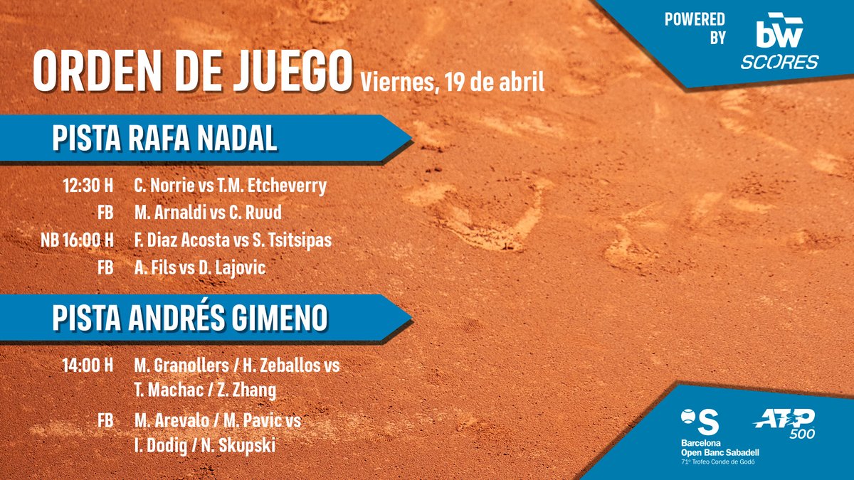 𝗢𝗥𝗗𝗘𝗡 𝗗𝗘 𝗝𝗨𝗘𝗚𝗢 🗓️ Viernes, 19 de abril 🎾 Cuartos de final 📍 @rctb1899 @ATPTour_ES | @atptour | #BCNOpenBS